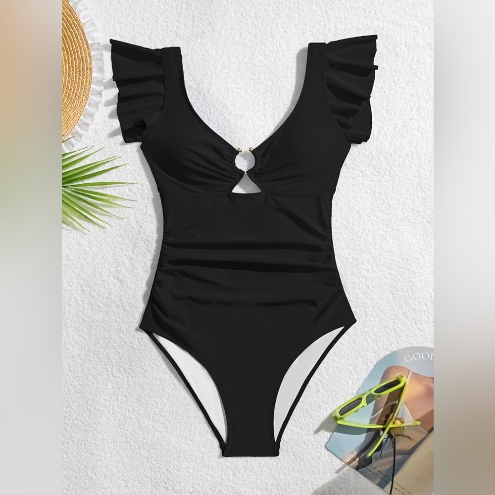 Flutter Sleeve Black One-Piece Swimsuit with Front Ring Detail